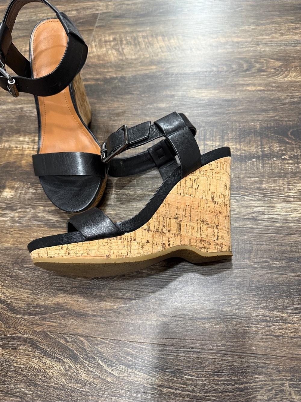 Calvin Klein Black Cork-Wedge Ankle-Strap Sandals - Picture 3 of 6